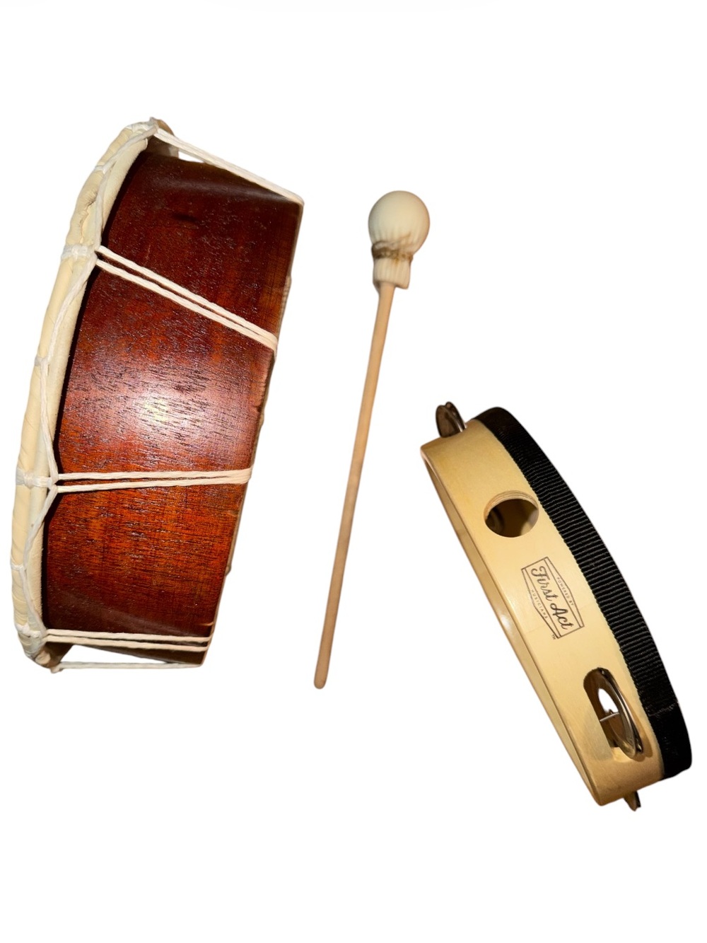 Wooden Frame Hand Drum + First Act Tambourine w Drumhead + Rawhide Stick Rattle